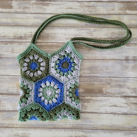 Handbags - Handmade Crochet Granny Square Hexagon Boho Shoulder Bag Tote Green Blue Gray